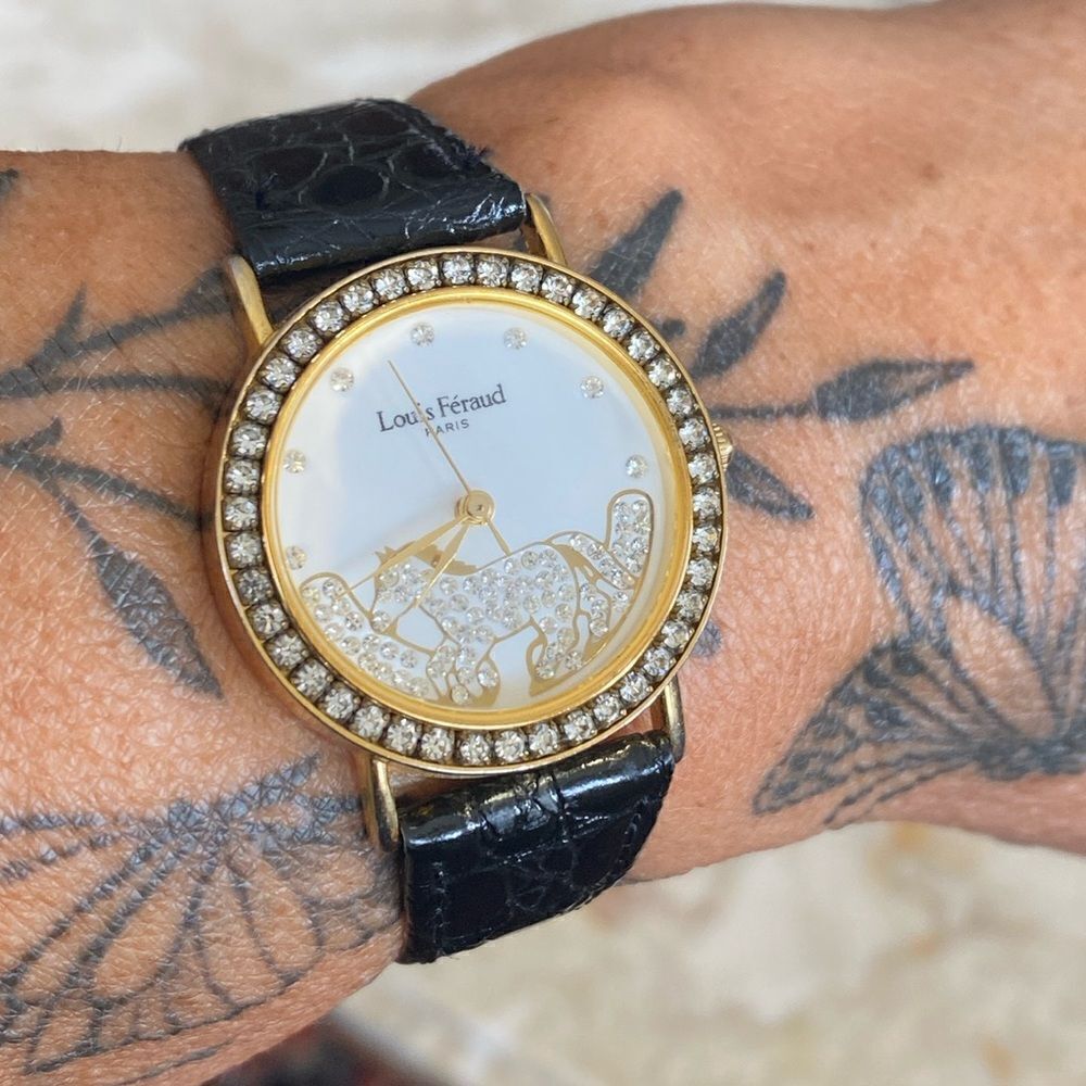Louis Feraud Equestrian Gold Tone & Crystals Wristwatch